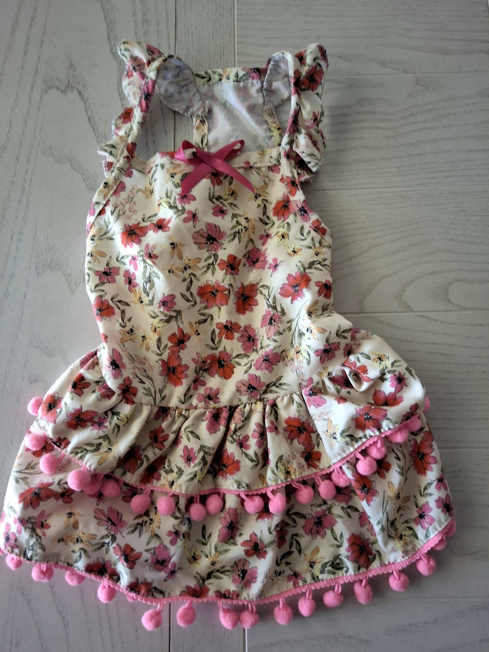 Floral Pom-Pom Dog Dress - Pink on Cream
